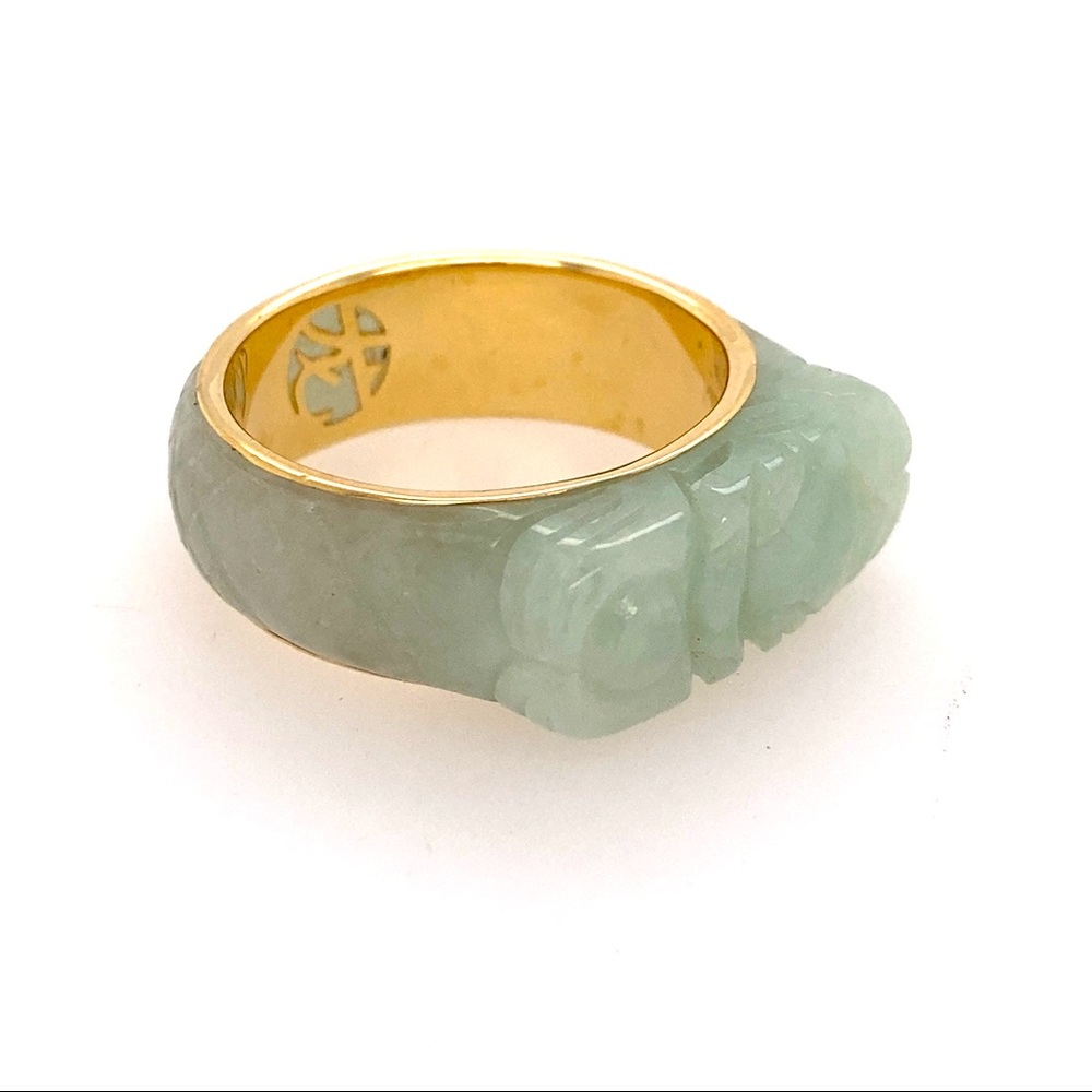 Carved Jade Scarab pattern sz 9 ring 14k